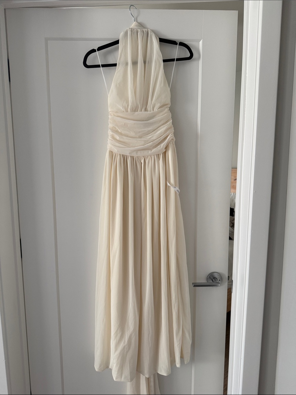 Cream Halter Maxi Dress with Ruched Waist - Picture 1 of 6